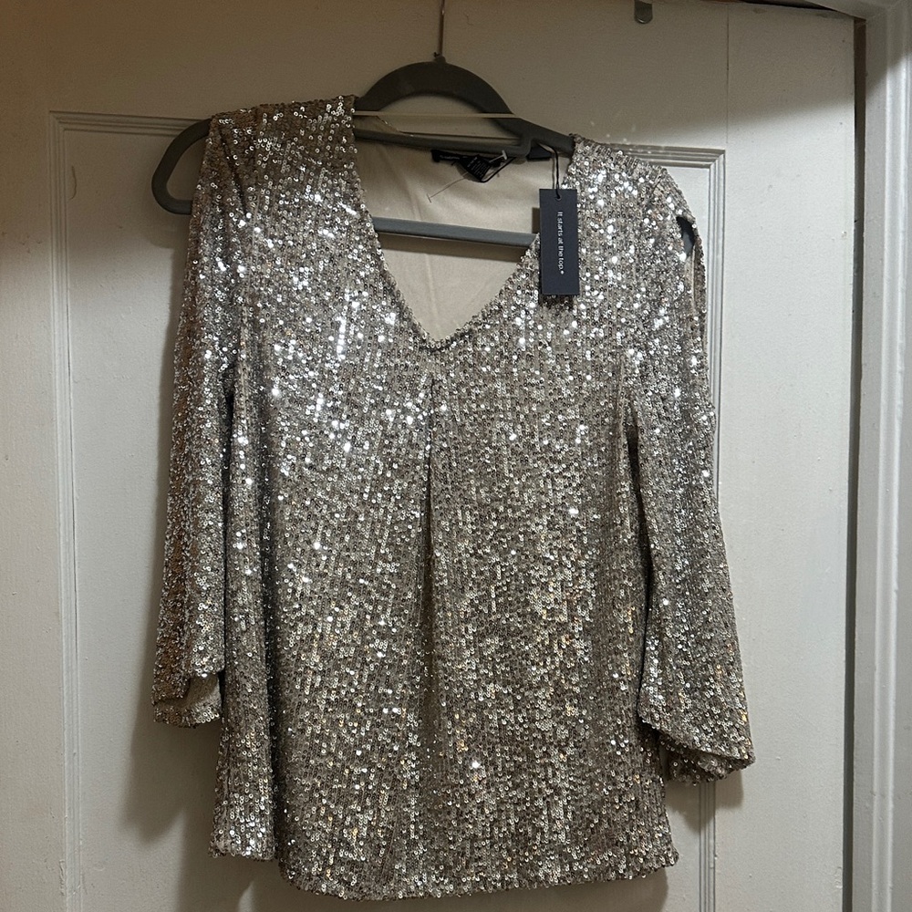 Sparkling Silver Sequin V-Neck Blouse